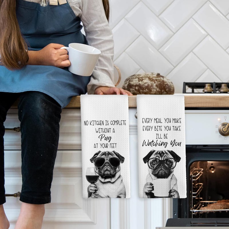 Mcehtle Funny Pug Kitchen Towels Set of 2, Dog Kitchen Accessories, Coffee Station Wine Bar Decor, Dog Chef Gift Hand Towel, Dining Room Decorative Tea Towel Dish Towels 16x24 Inch - Image 3